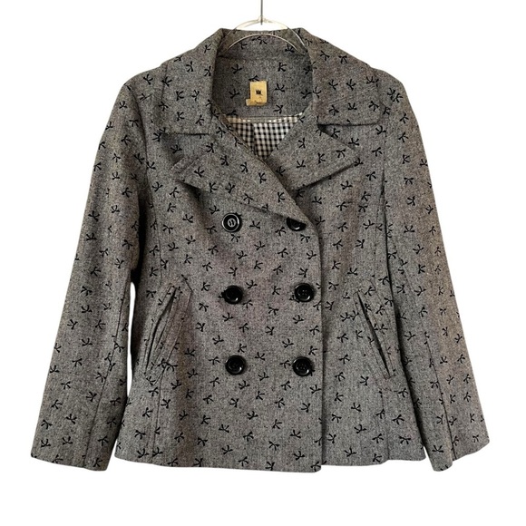 Needle & Thread Black Gray Bow Print Women's Double-Breasted Pea Coat Jacket L - Picture 3 of 7